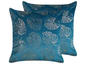 Set of 2 Cushions DELICIOSA Velvet 45 x 45 cm Plant Blue