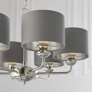 Ceiling Pendant Light - Bright Nickel Plate & Charcoal Fabric - 6 x 28W E14