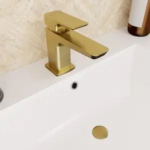 Nes Home Modern Cloakroom Brushed Brass Square Basin Mono Mixer Tap + Waste