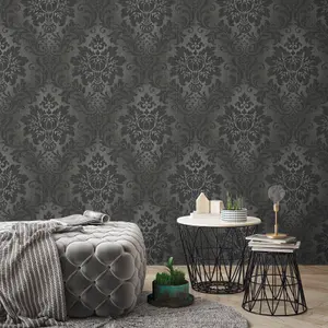 Grandeco Fabric Effect Distressed Damask Wallpaper, Charcoal Grey