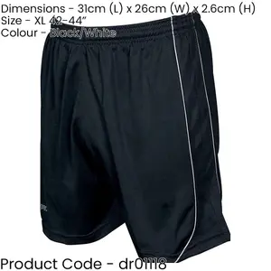 XL ADULT Elastic Waist Football Gym Training Shorts - Plain BLACK/WHITE 42-44"