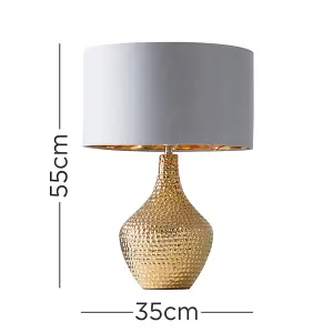 ValueLights Bailey Metallic Gold Indent Textured Ceramic Table Lamp with Grey Gold Drum Shade