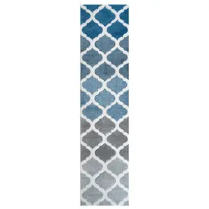 Navy Blue Grey Modern Trellis Living Area Runner Rug 60x240cm