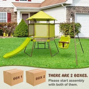 Costway Outdoor Kids Swing Slide Set Metal Backyard Swing Set W/ Covered Playhouse Fort