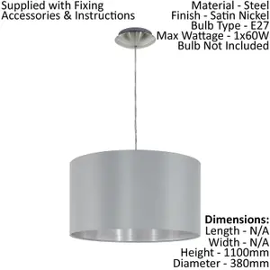 Pendant Ceiling Light Colour Satin Nickel Steel Shade Grey Silver Fabric Bulb E27 1x60W