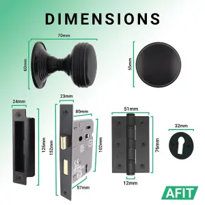 AFIT Lined Key Lock Door Knob Set Matt Black - 1 Pair of Mortice Knobs (55mm), Sash Lock (80mm) & Hinges (76mm) for Internal Doors