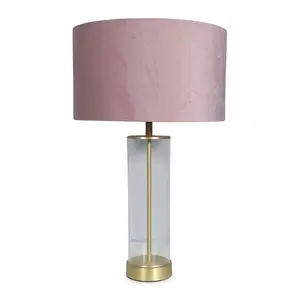 Simonetta Matt Gold and Clear Tube Table Lamp with Blush Velvet Reni Shade and 6W GLS Warm White Bulb Gold / Blush / No