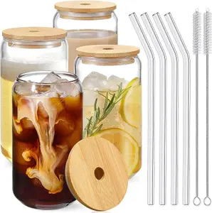 4 X 16oz Can Shaped Glass Cups - Drinking Glasses with Bamboo Lids and Glass Straw - Classic Design With Aesthetic Appeal