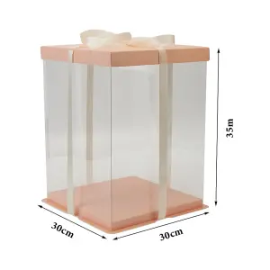 10 Inch Pink Clear Plastic Cake Gift Box with Ribbon 30cm W x 30cm D x 35cm H