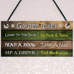 Red Ocean Garden Rules Sign - Funny Garden Signs and Plaques - Novelty Outdoor Garden Shed Plaques - Hanging Decoration Signs