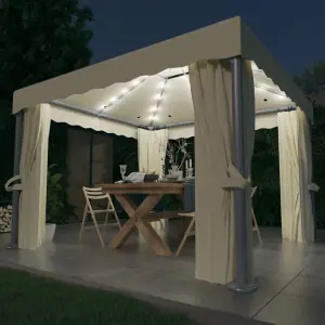 Berkfield Gazebo with Curtain&LED String Lights 3x3 m Cream White