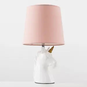 ValueLights White and Gold Ceramic Unicorn Table Lamp With Dusty Pink Tapered Light Shade With LED Golfball Bulb In Warm White