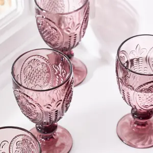 Set of 6 Vintage Luxury Pink Embossed Drinking Wine Glass Wine Goblets 310ml