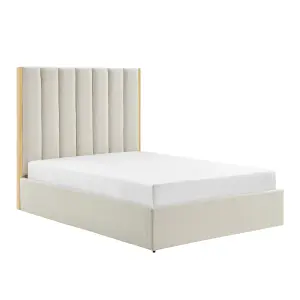 Chloe Beige King Size 5FT Fabric With Gold Trim And Ottoman Storage Gas Lift Bed