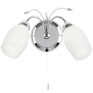 LED Twin Wall Light Pretty Curved Arm Chrome & White Glass Shade Lamp Lighting