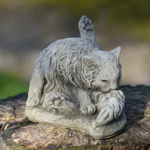 Washing Cat Stone Statue Kitten Animal Outdoor Garden Ornament Decoration British Made Sculpture