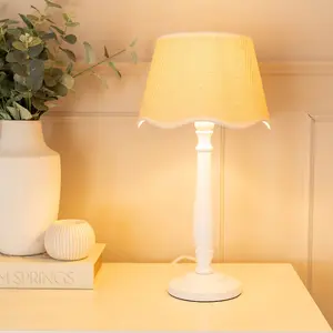 ValueLights Victoria White Wood Table Lamp with Linen Scallop White Trim Tapered Shade & Bulb