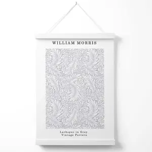 William Morris Larkspur in Grey Poster with Hanger / 33cm / White