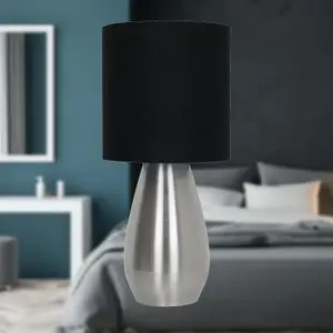 First Choice Lighting Bullet Satin Nickel Touch Table Lamp with Black Fabric Shade