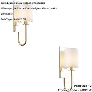 2 PACK Satin Brass Dimmable Wall Light - Vintage White Shade - Bevelled Edge Mirrored Back Plate