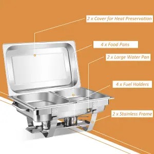 Costway 2 Pack 9L Chafing Dish Stainless Steel Food Warmers Set with 4 Half Size Pans