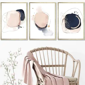 Set of 3 Framed Abstract Navy Blue and Blush Pink Wall Art Prints / 42x59cm (A2) / Gold Frame