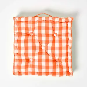 Homescapes Orange Block Check Cotton Gingham Floor Cushion, 50 x 50 cm