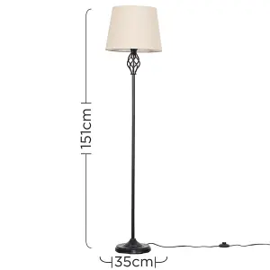 ValueLights Memphis Traditional Style Black Barley Twist Floor Lamp with Beige Tapered Light Shade - with LED GLS Bulb