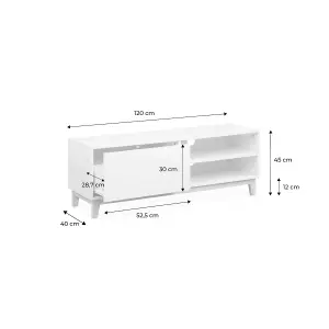 sweeek. 1-drawer TV unit with wooden legs Floki White 120x40x45 cm