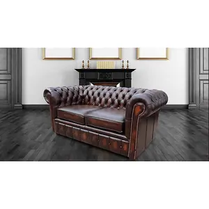 Chesterfield 2 Seater Antique Brown Leather Sofa Settee In Classic Style