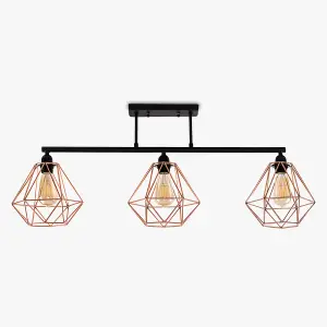 ValueLights Fillatt Industrial 3 Way Satin Black Pipework Ceiling Light with Copper Cage Shades