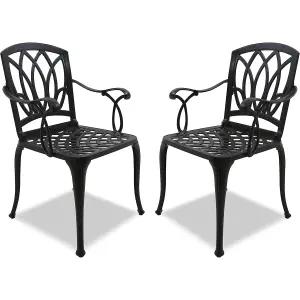 Homeology Positano 2-Large Garden and Patio Bistro Chairs with Armrests in Cast Aluminium Black