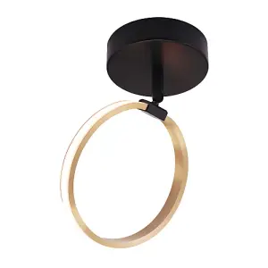 Modern Fully Adjustable Gold Ring LED Ceiling or Wall Light with Mat Black Base