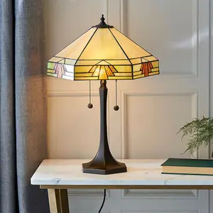 Medium Tiffany Glass Table Lamp - Art Deco Design - Dark Bronze Finish