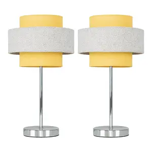 ValueLights Weaver Pair of Weaver Chrome Touch Table Lamps with Mustard and Grey Shades