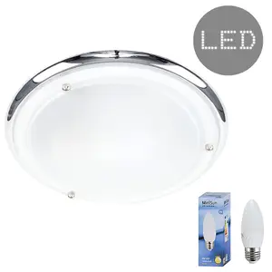 ValueLights IP44 Silver Chrome & Glass Flush Bathroom Ceiling Light - with 1 x Thermal Plastic 4w LED ES E27 Warm White Bulb