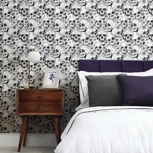 Floral Skulls Wallpaper In Monochrome