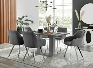 Imperia Grey High Gloss 6 Seater Dining Table with Structural 2 Plinth Column Legs Dark Grey Fabric Silver Leg Falun Chairs