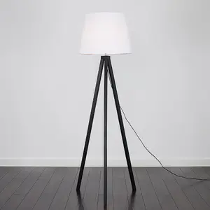 ValueLights Barbro Modern Black Wood Tripod Design Floor Lamp with White Tapered Shade - Includes 6w LED GLS Bulb 3000K Warm White