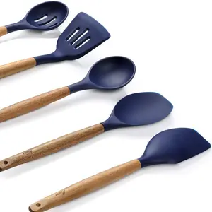 Non-Stick Cooking Utensils, Silicone Kitchen Utensils Set With Natural Acacia Hard Wood Handle, 5 Piece, Black, BPA Free, Baking & Serving Wooden Cooking Spoon Midnight Blue