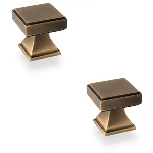 2 PACK - Chunky Square Cupboard Door Knob - 30mm - Antique Brass Kitchen Pull Handle