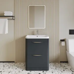 Floor Standing 2 Drawer Vanity Unit with Polymarble Basin - 600mm - Soft Black