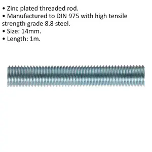 5 Pack M14 x 1mm Zinc Plated Threaded Rods - Grade 8.8 DIN 975