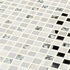 Mecine Grey Gloss Stone effect Glass, natural stone & stainless steel Mosaic tile, (L)300mm (W)300mm