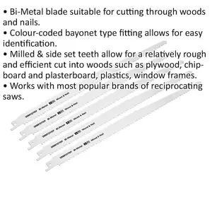 5 Pack 300mm Bi-Metal Reciprocating Saw Blades for Efficient Wood and Nail Cutting