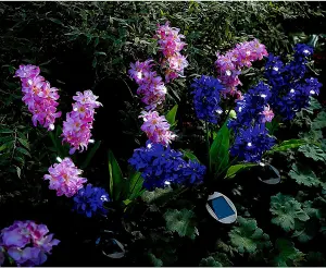 2 x Hyacinth Style Solar Stake Lights - Pink & Purple Flower Shaped Outdoor Garden Lighting Decorations - Each Measure H70cm