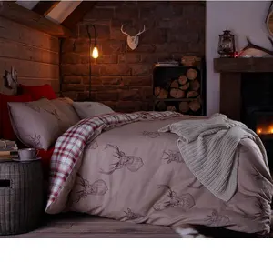 Stag Check Reversible Duvet Cover Set with Pillowcases Beige / Double Duvet Cover + 2 Standard Pillowcases