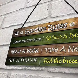 Red Ocean Garden Rules Sign - Funny Garden Signs and Plaques - Novelty Outdoor Garden Shed Plaques - Hanging Decoration Signs