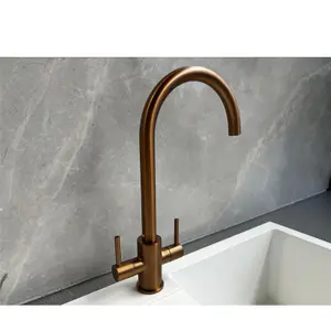 Liquida AD396CP Monobloc Swan Neck Twin Lever Copper Kitchen Mixer Tap