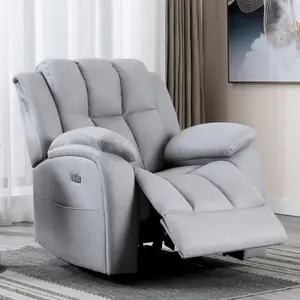 Electric Powered Recliner Chair With USB Charger And Pocket Storage In Leather-Look Grey Technology Fabric